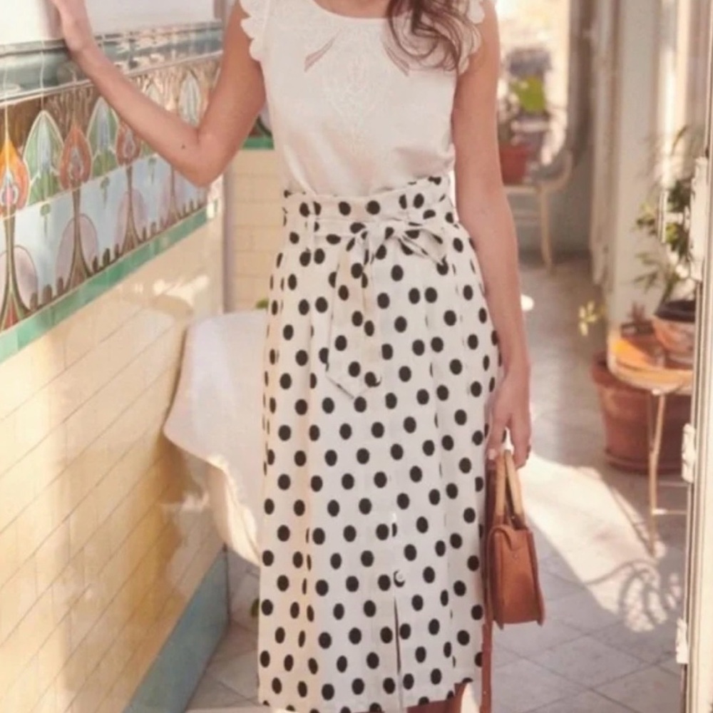 Sezane Amanda White Midi Skirt with Black Polka Dots and Tie Waist
